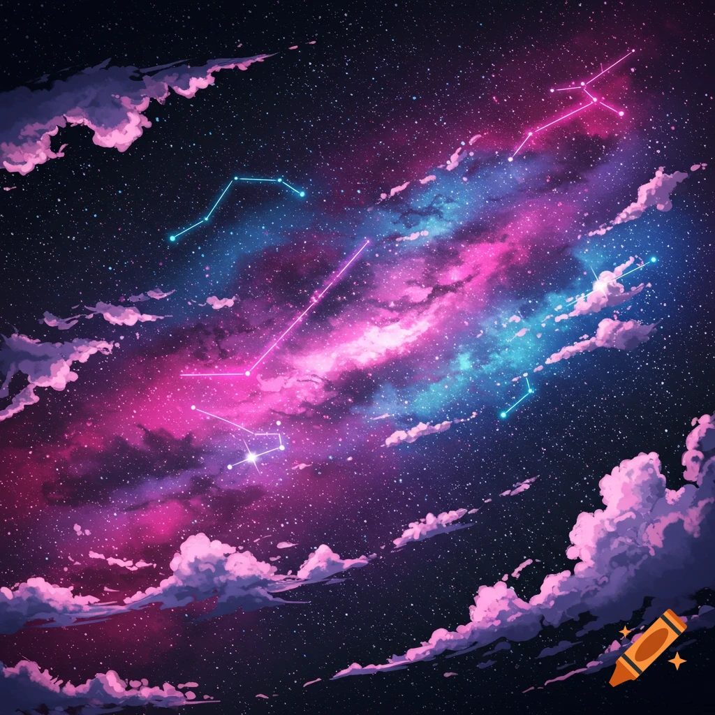 Stylized anime illustration of a night sky with pink and blue nebulas, stars, constellations, and pink clouds.