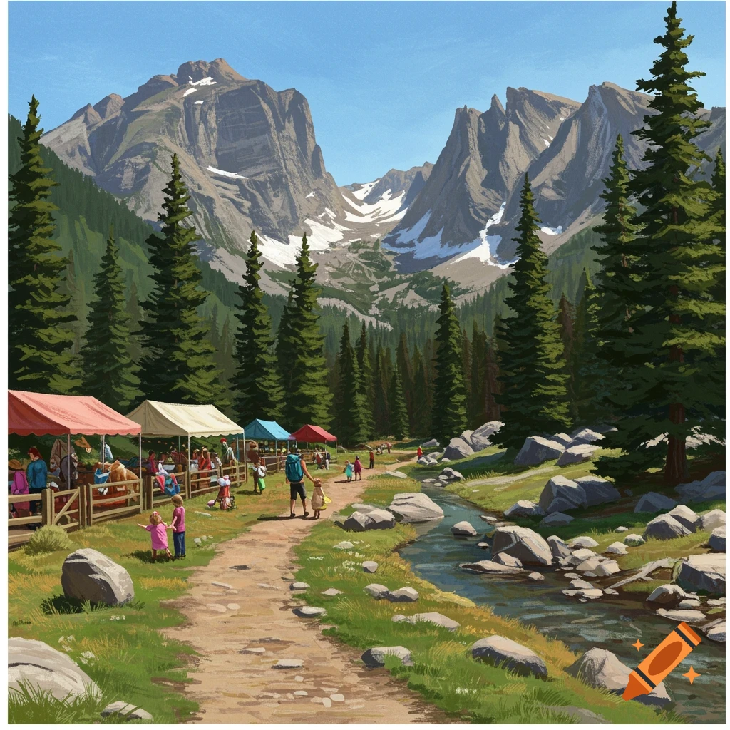 A mountain landscape with a hiking trail, river, trees, and an outdoor event with tents and people.