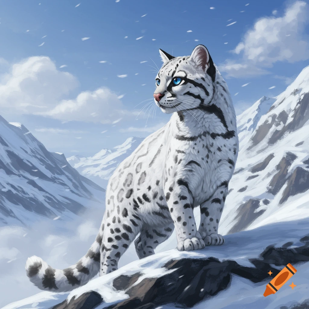 A spotted cat standing on a snowy mountain ledge during a blizzard.