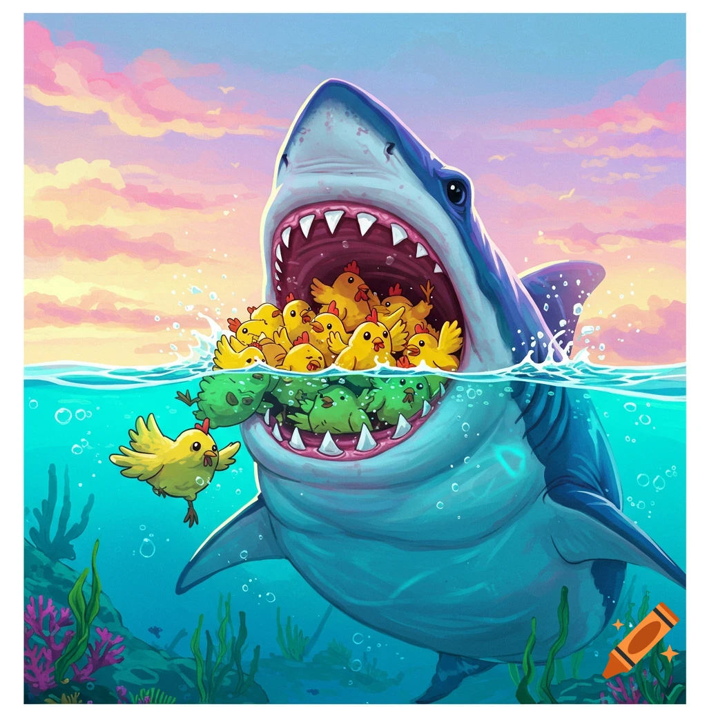 Cartoon shark eating small yellow birds and green blobs underwater