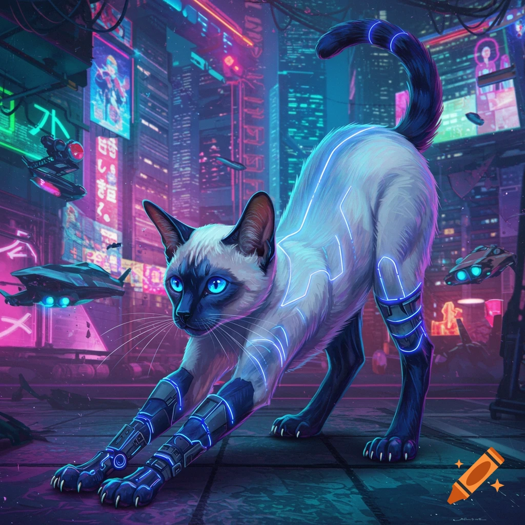 A Siamese cat stretches on a cyberpunk city street at night with neon lights and flying vehicles.