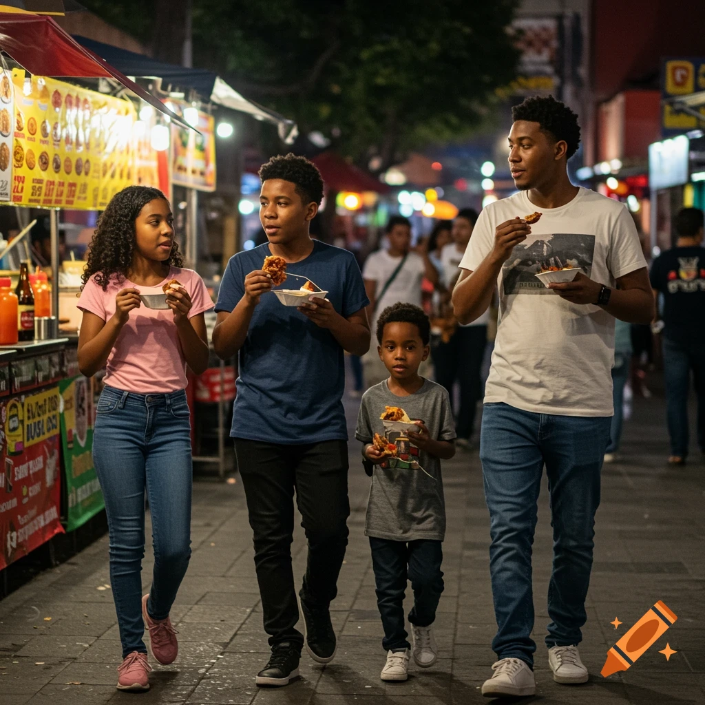 Black family eats street food at night market in a city