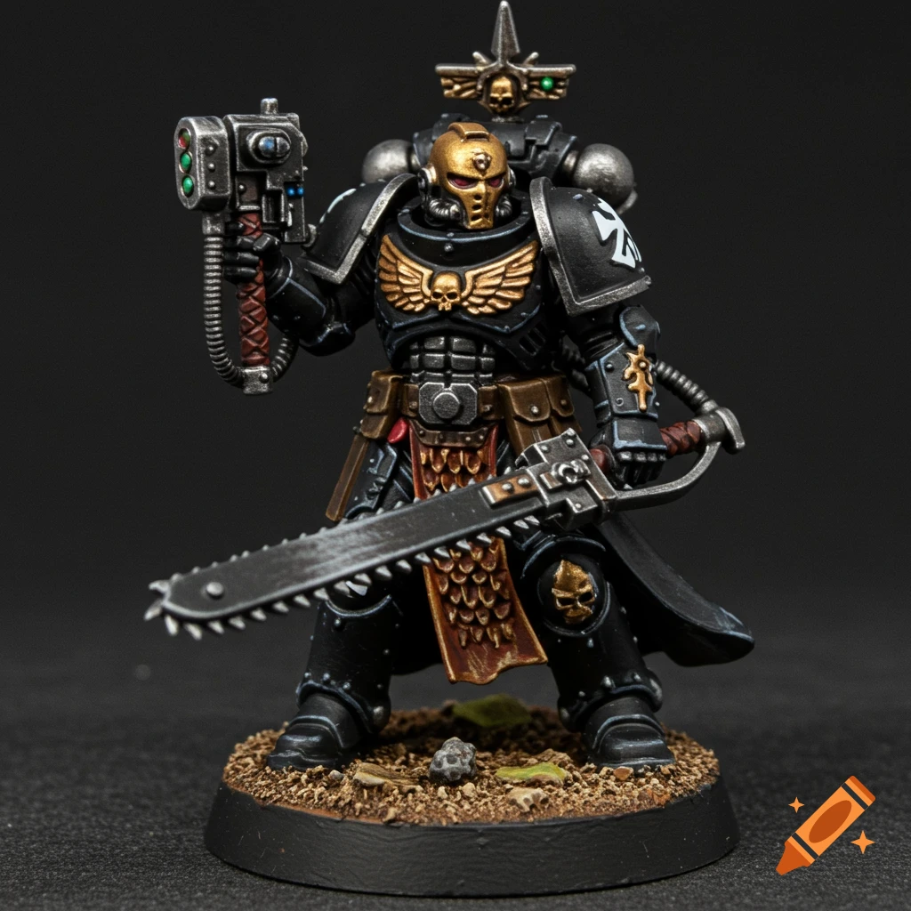 Painted miniature figure of a black and gold Warhammer 40k Space Marine holding a chainsword and plasma pistol.