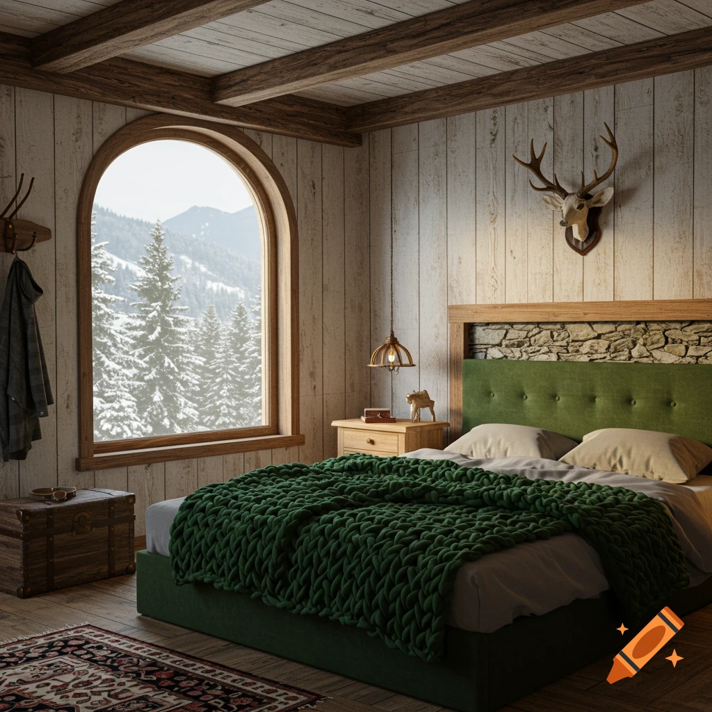 Cozy cabin bedroom with a large arched window showing a snowy mountain view
