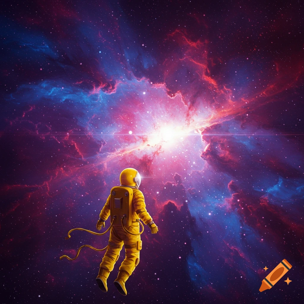 Yellow astronaut floating in space in front of a bright purple and blue nebula.