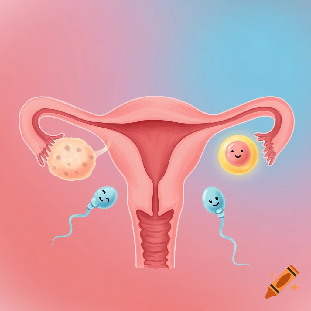 Stylized illustration of female reproductive system with cartoon sperm and egg cells.