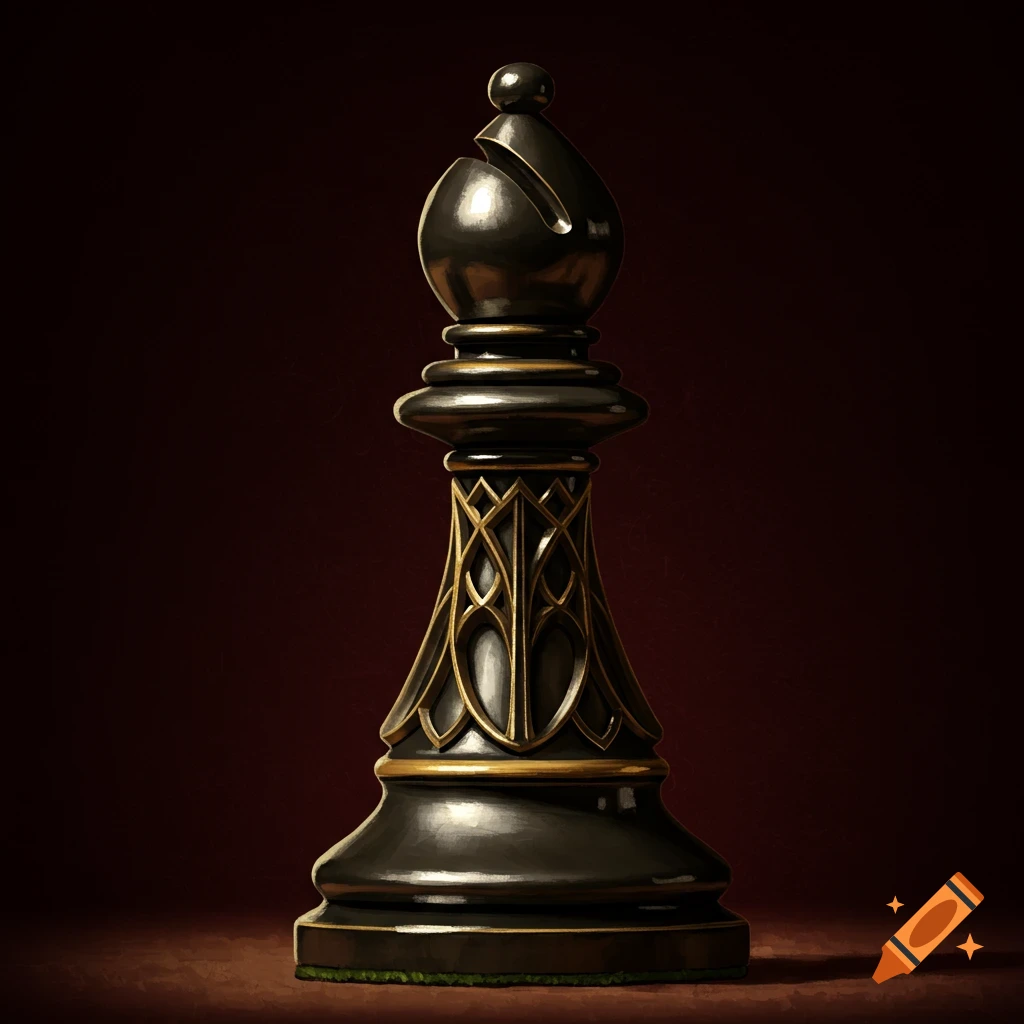 A dark bishop chess piece with gold detailing on a dark red background.
