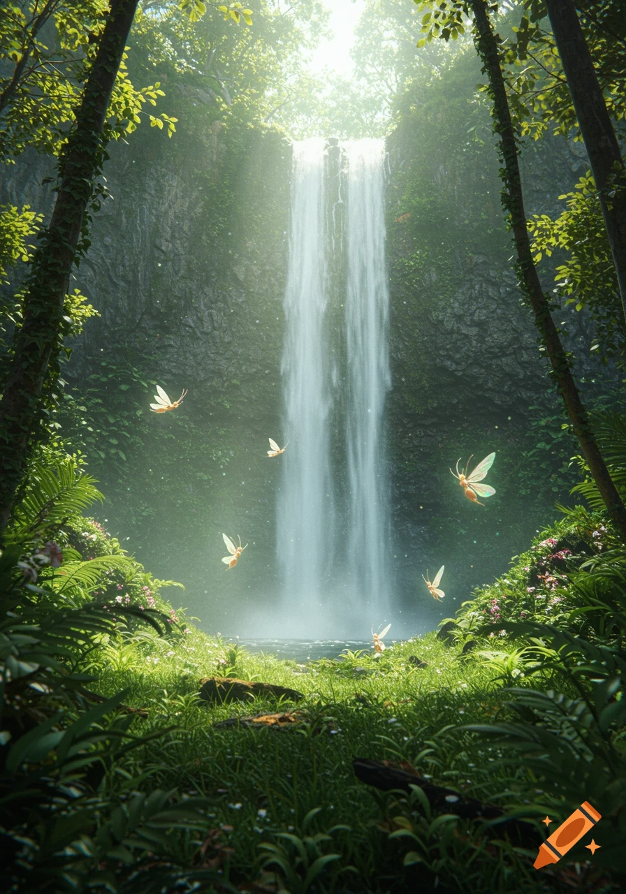 A sun-dappled jungle waterfall with flying faery-like creatures