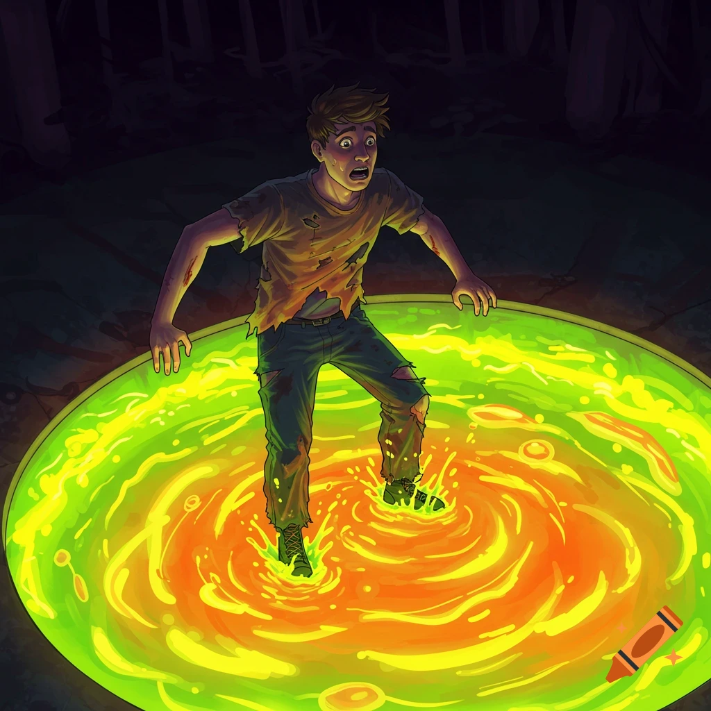 A person in torn clothes stands at the edge of a swirling green and orange portal, looking scared, in a dark forest.