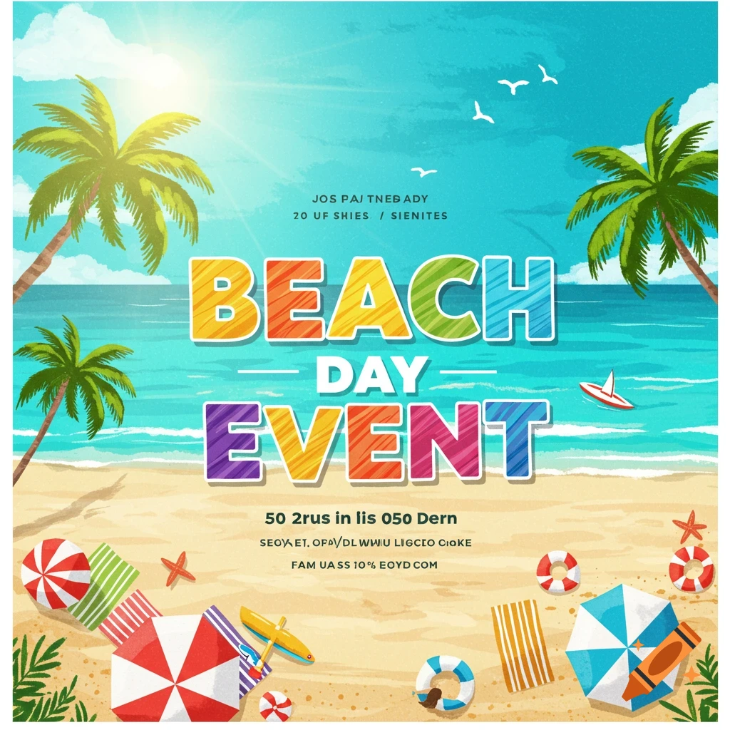 A vibrant beach flyer advertising a beach day event. It shows palm trees, umbrellas, towels, and life preservers on the sand, with the ocean and sky in the background. Colorful text reads 'BEACH DAY EVENT'.