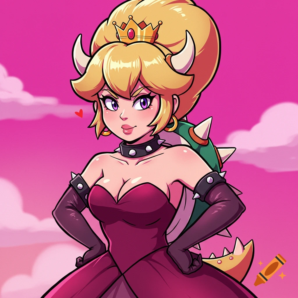 Anime style character resembling Bowsette with crown, dress, and armor against a pink sky.