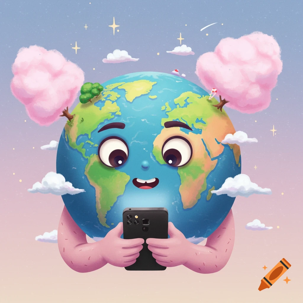 A cartoon planet Earth character with eyes and mouth, holding a smartphone against a sky background with clouds and stars.
