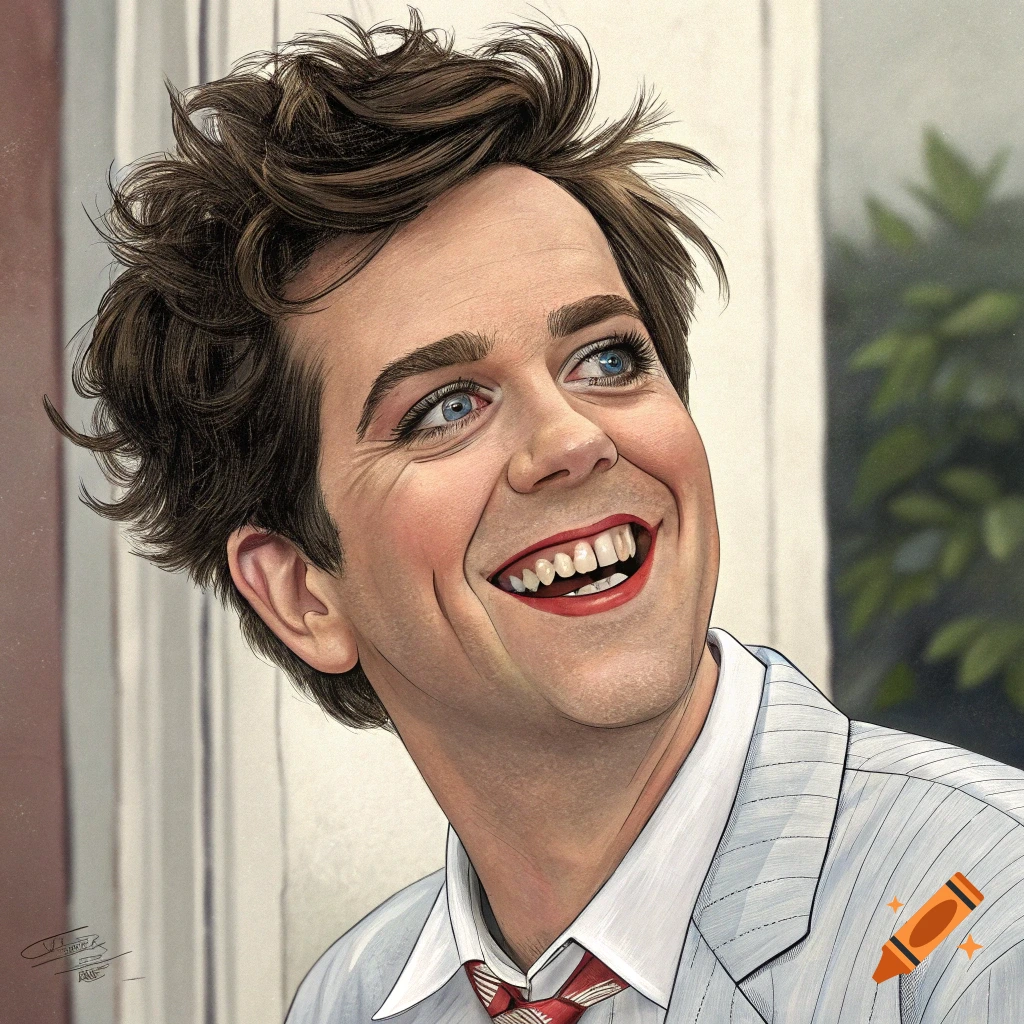 Caricature portrait of a smiling man resembling Ed Helms with many teeth, wearing a white suit and red tie.