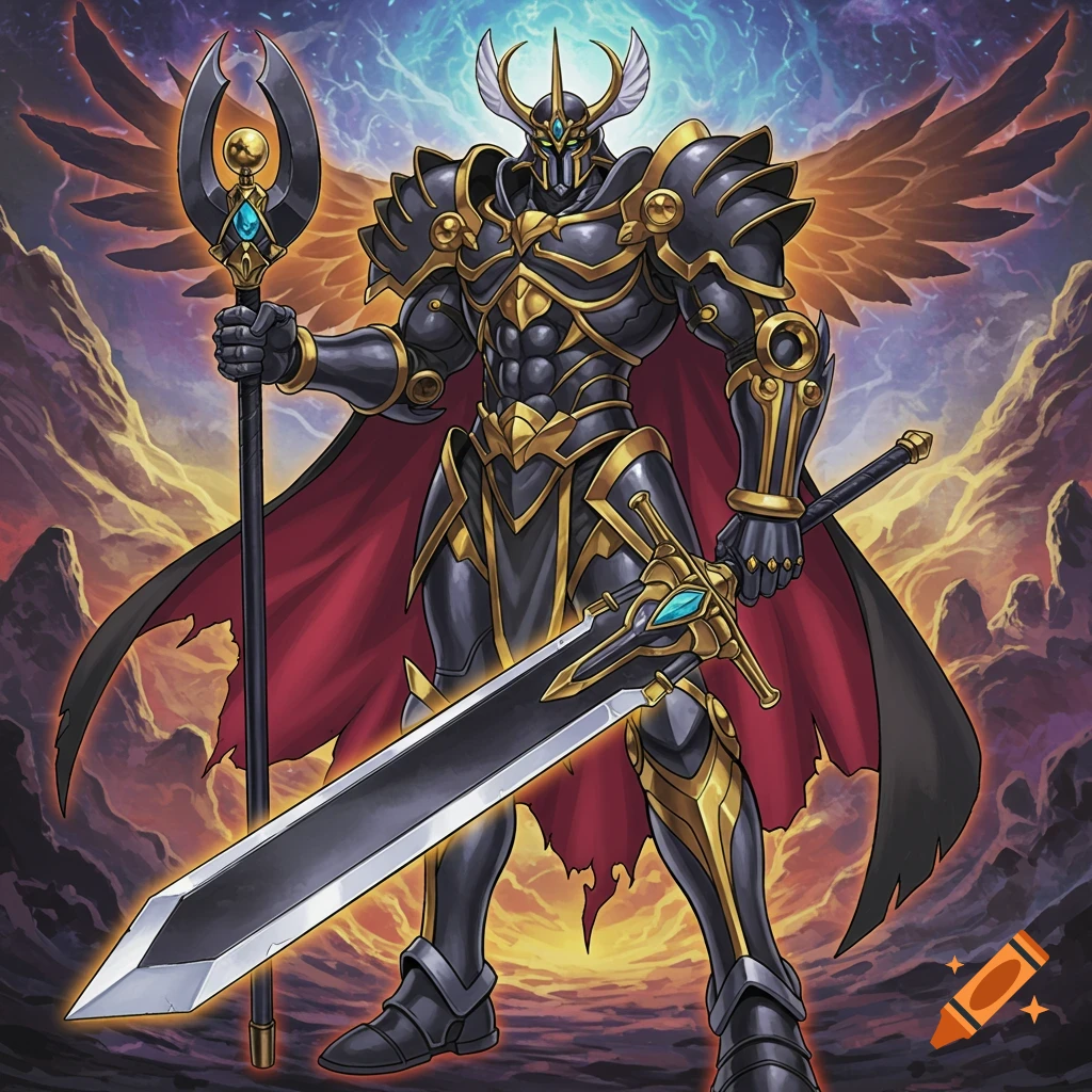 A fantasy warrior in black and gold armor with sword, staff, and wings standing on rocky ground under a stormy sky.