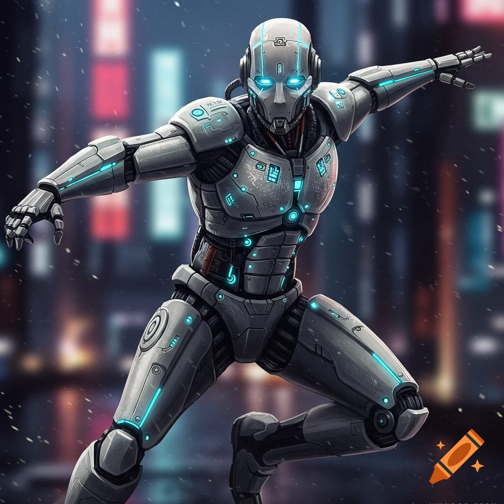 A futuristic humanoid robot in a dynamic pose against a city background.