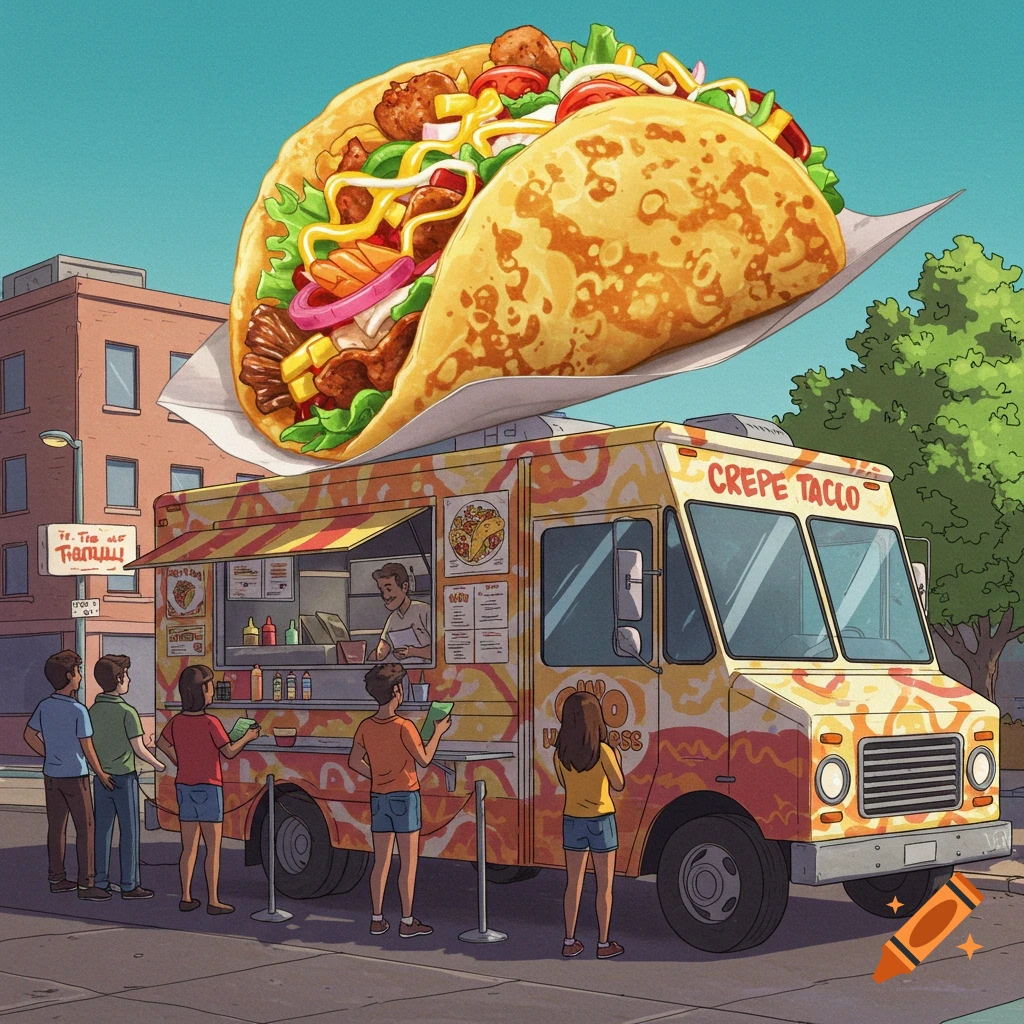Cartoon illustration of a food truck with a giant crepe taco on top, serving customers.