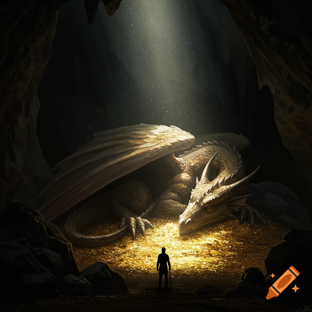 A sleeping dragon lies on a pile of gold in a dark cave, illuminated by a shaft of light, as a human figure watches.