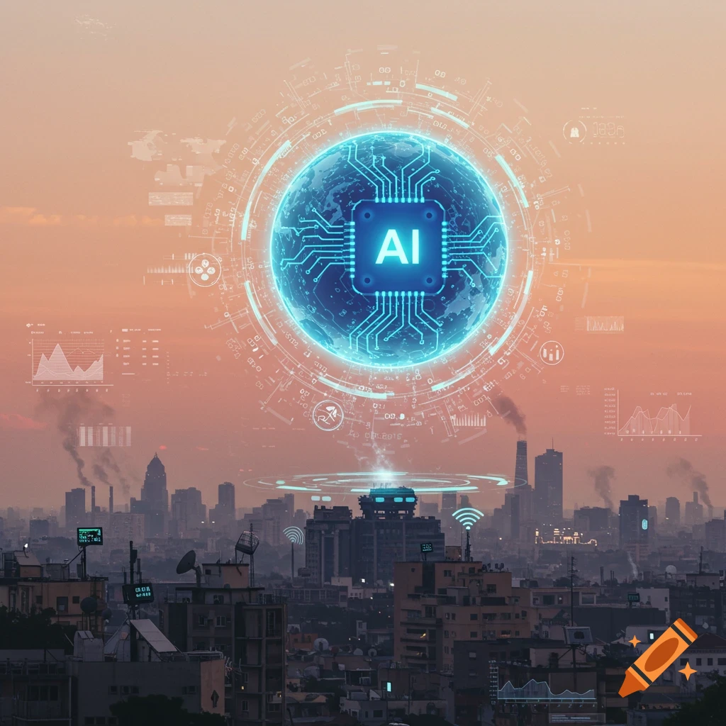 A city skyline at sunset with a large glowing sphere containing an AI chip graphic and data elements floating above it.