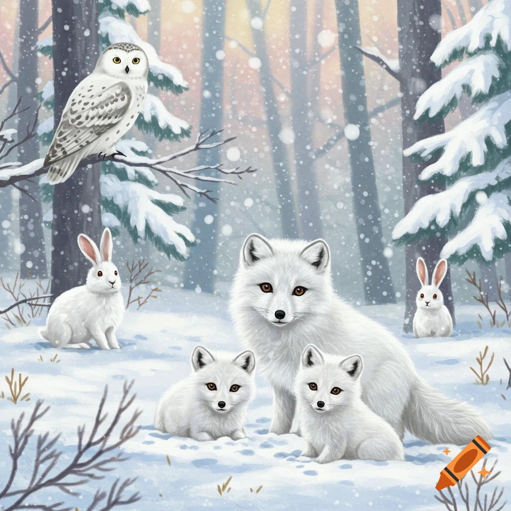 Arctic fox family, owl, and hares in snowy winter forest