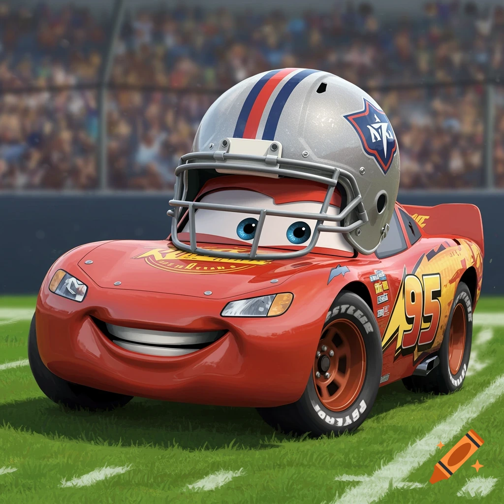 Lightning McQueen from Disney's Cars wearing a football helmet on a football field.