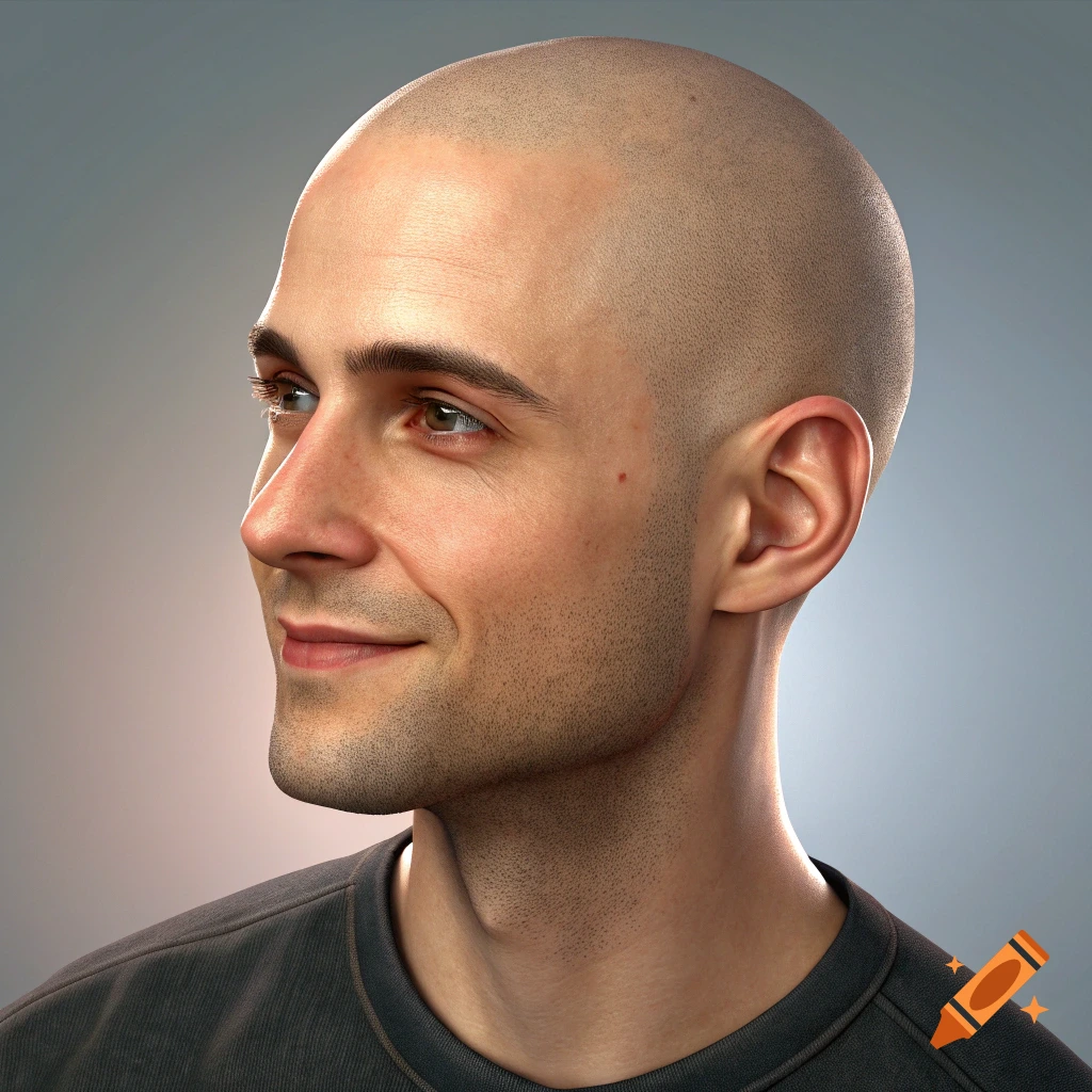 Photorealistic profile portrait of a bald man smiling
