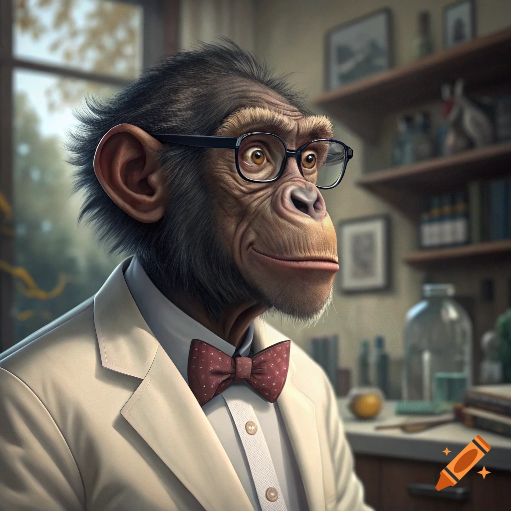 Realistic portrait of a chimpanzee wearing a lab coat, shirt, bow tie, and glasses in an office.