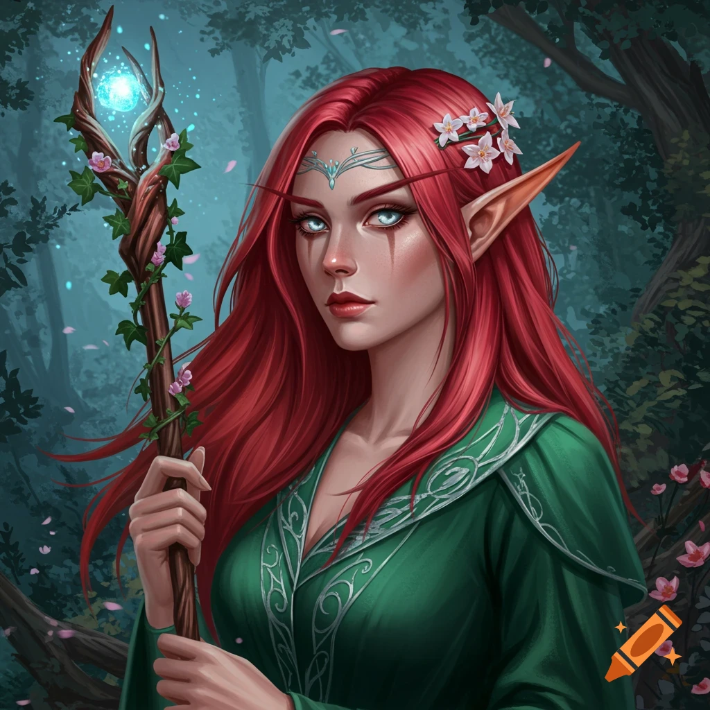 A female elf with red hair holding a magical staff in a forest