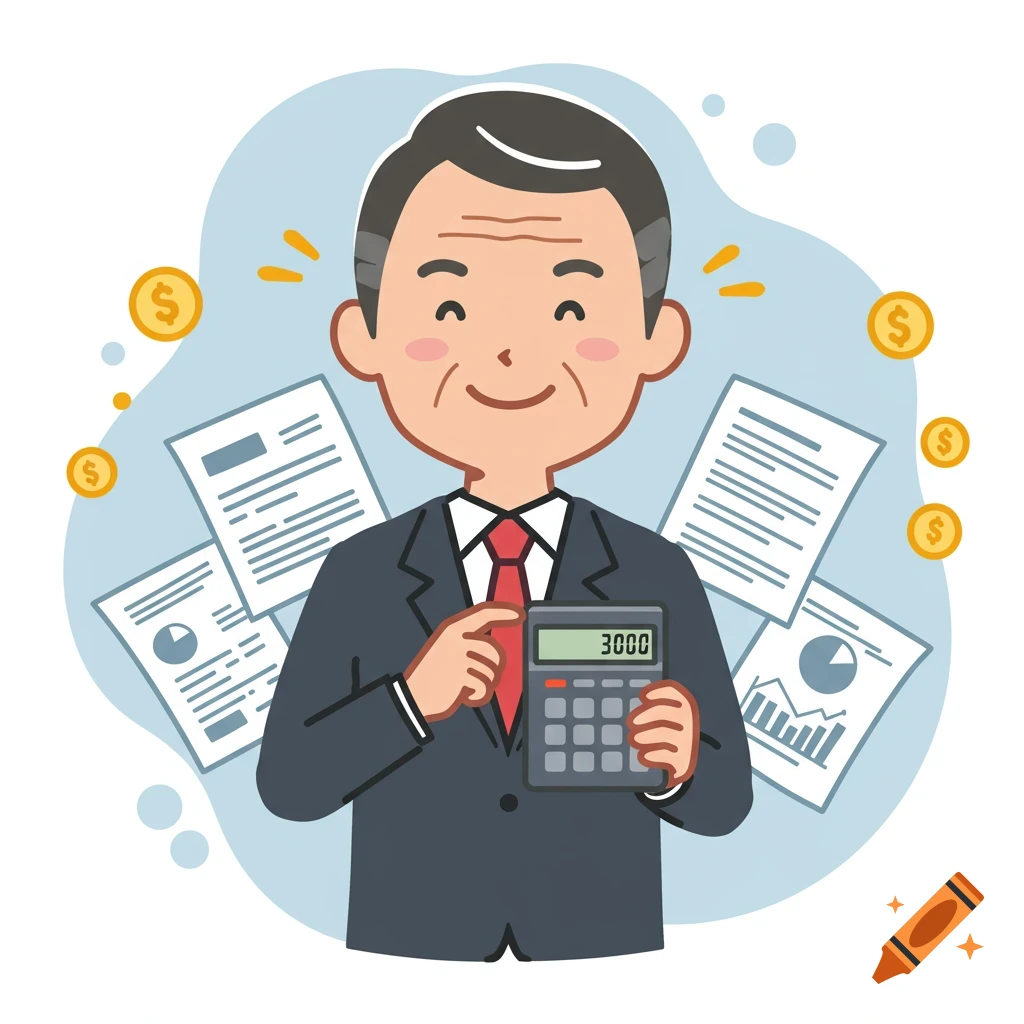 Cartoon illustration of a smiling businessman in a suit holding a calculator, surrounded by papers and gold coins.