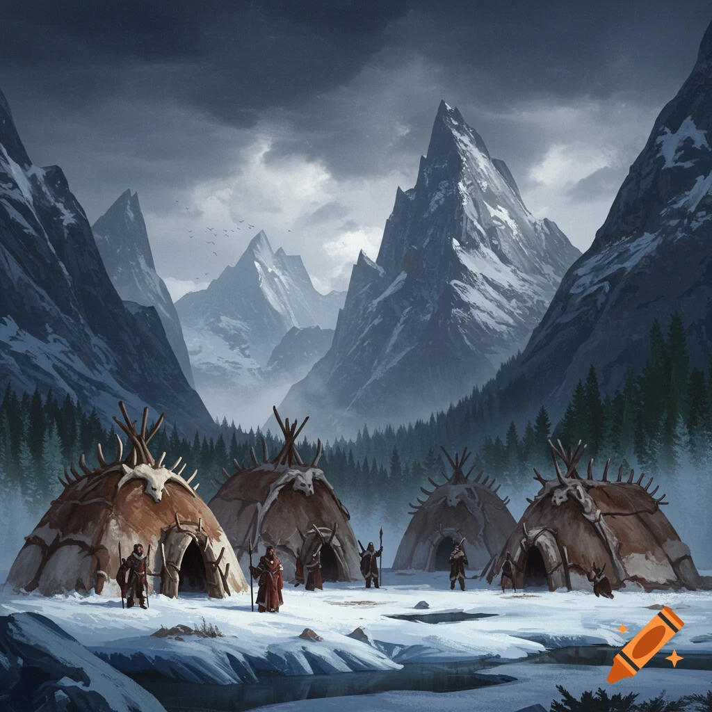 A tribal encampment in a snowy mountain valley under a stormy sky.