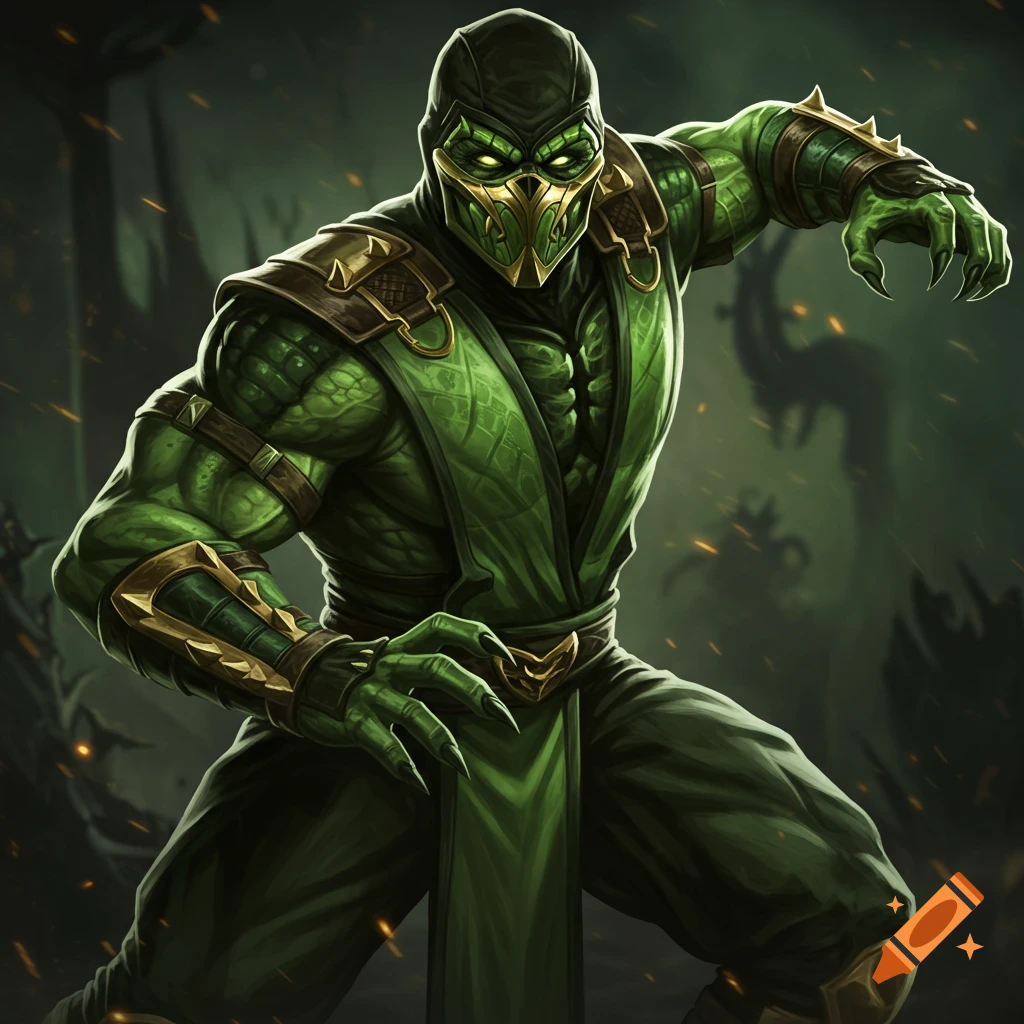 The Mortal Kombat character Reptile is shown in a fighting stance.