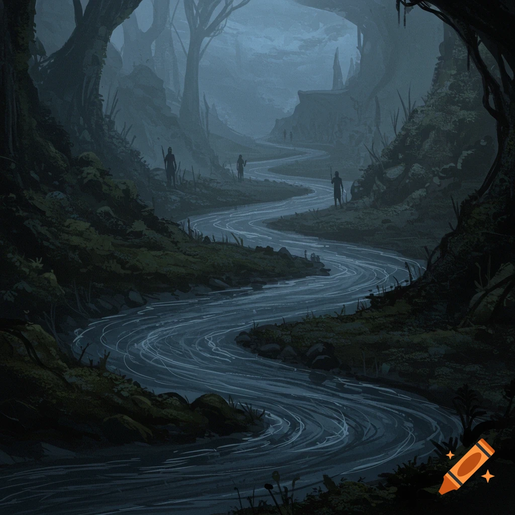 A winding river flows through a dark, misty fantasy forest with figures on the banks.