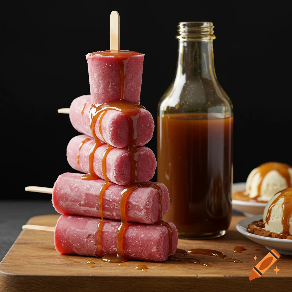 A stack of pink popsicles covered in caramel sauce on a wooden board next to a bottle and ice cream, photorealistic.