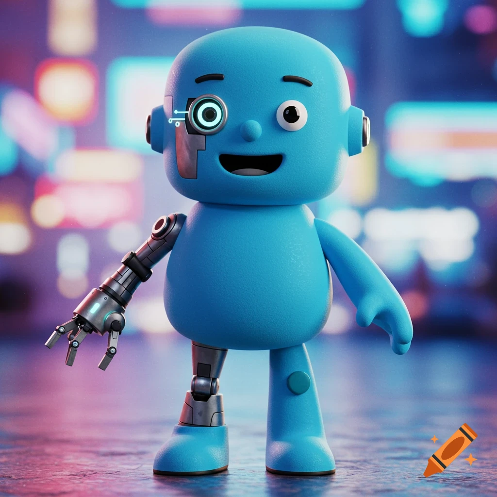 A 3D render of a blue cartoon cyborg character with a robot eye, arm, and leg, standing in a city street.
