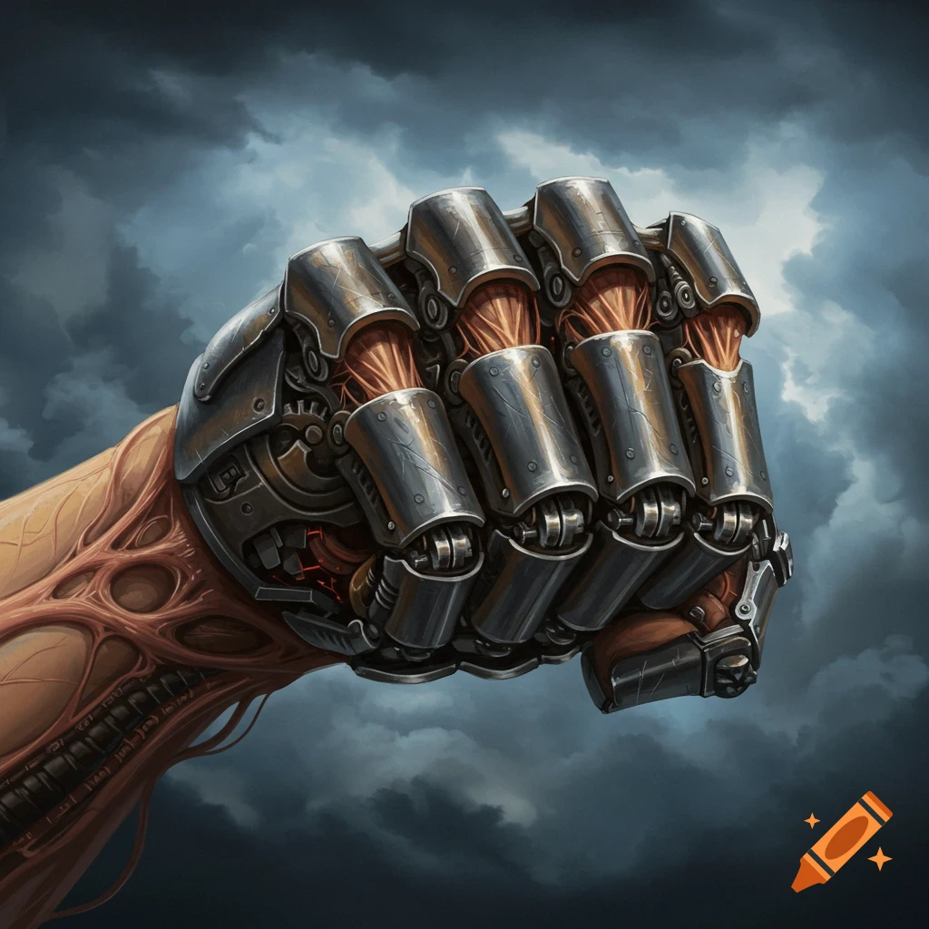 A biomechanical fist against a stormy sky.
