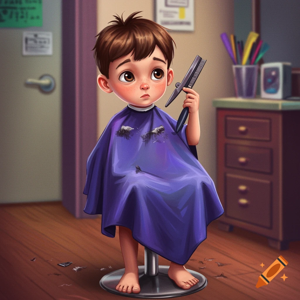 A young boy is getting a haircut.