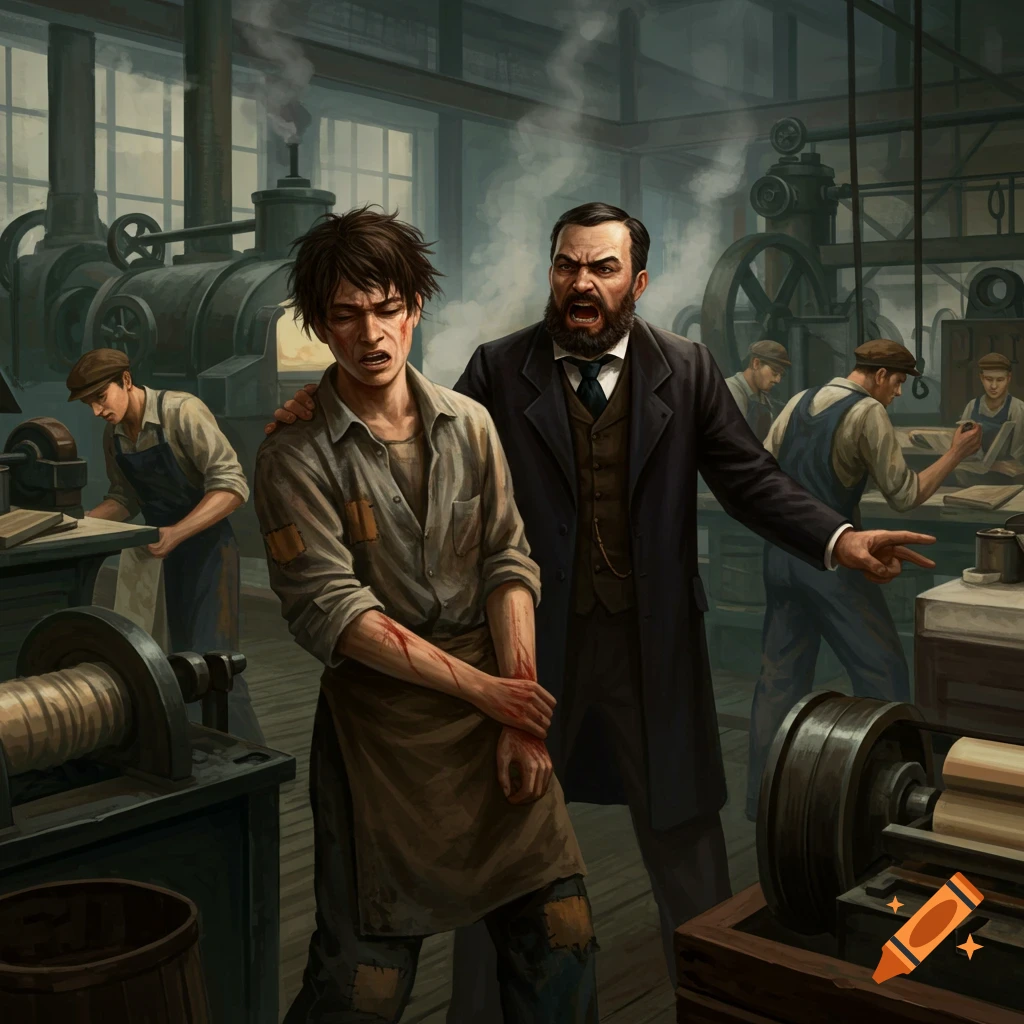 An injured worker in an 1800s factory being yelled at by his employer.