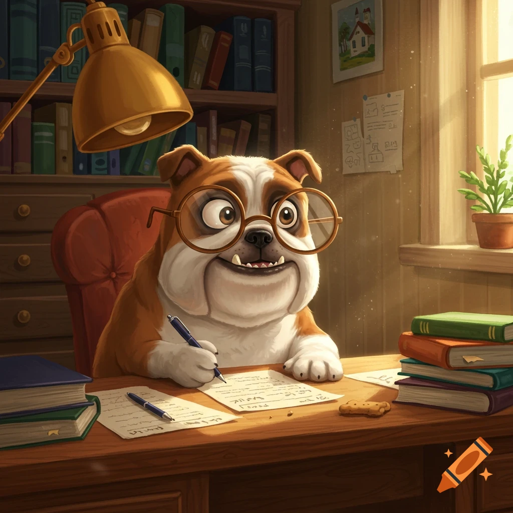 Cartoon bulldog wearing glasses sits at a desk writing on paper in an office.