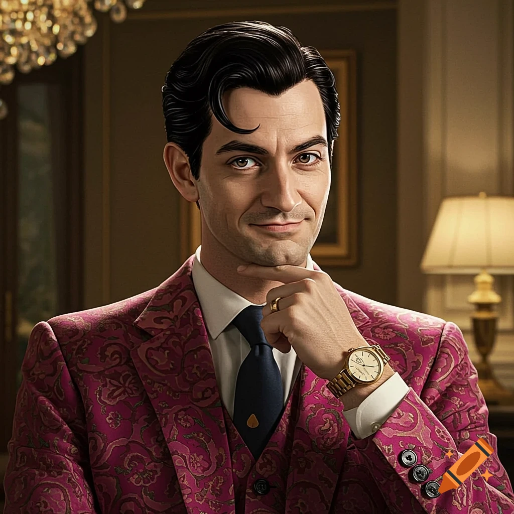 Realistic photo portrait of a man in a patterned pink suit with his hand on his chin.