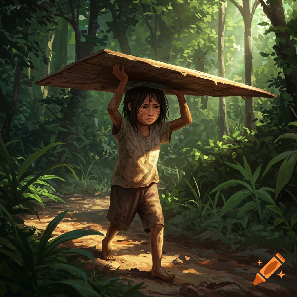 A child carrying a large piece of plywood through a dense forest.