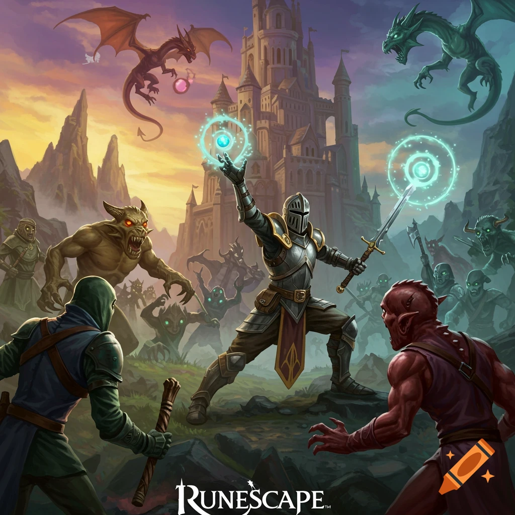 a knight battling fantasy monsters and dragons in front of a castle