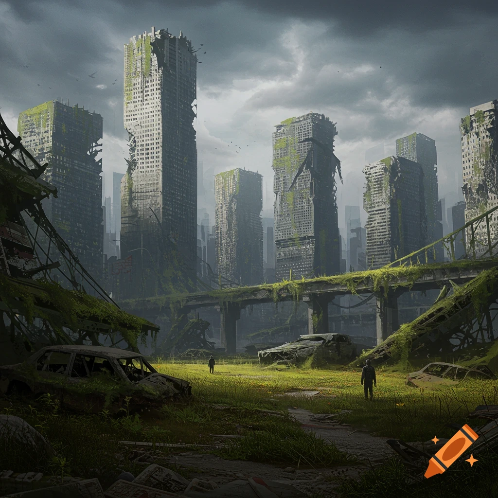 A ruined city landscape with moss-covered buildings, abandoned cars in a field, and two figures under a stormy sky.