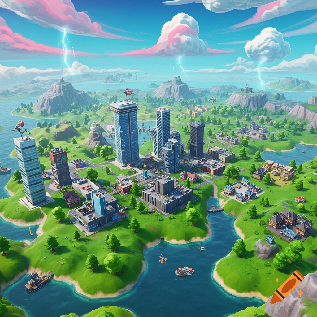 Aerial view of a stylized landscape resembling a video game map with buildings, water, and mountains