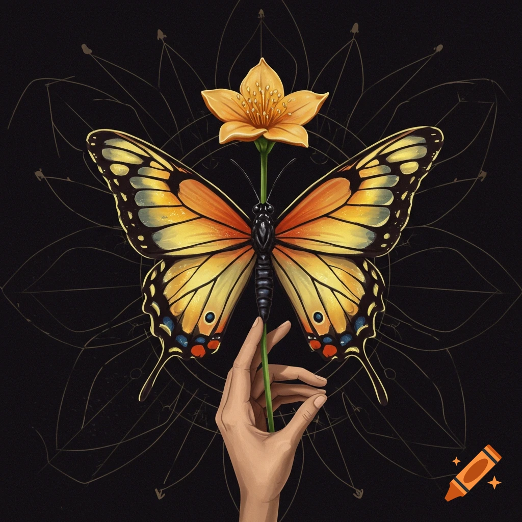 A hand holds a stem with an orange flower and a butterfly. The background is dark with geometric lines.