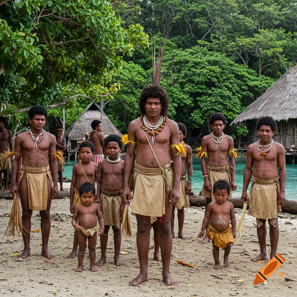 A group of indigenous people stand on a beach in a tropical setting.