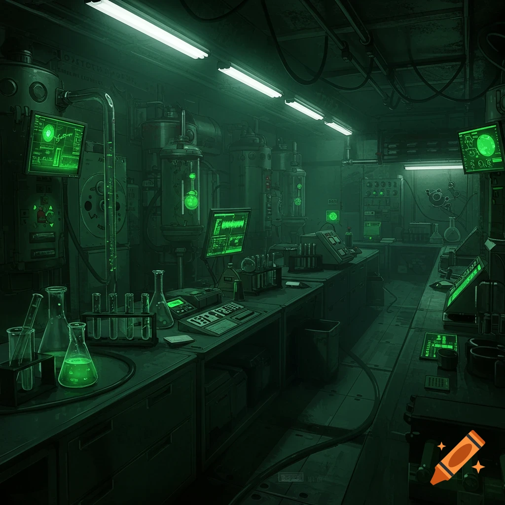 A dark, green-lit lab featuring scientific equipment and monitors seen from a first-person perspective.