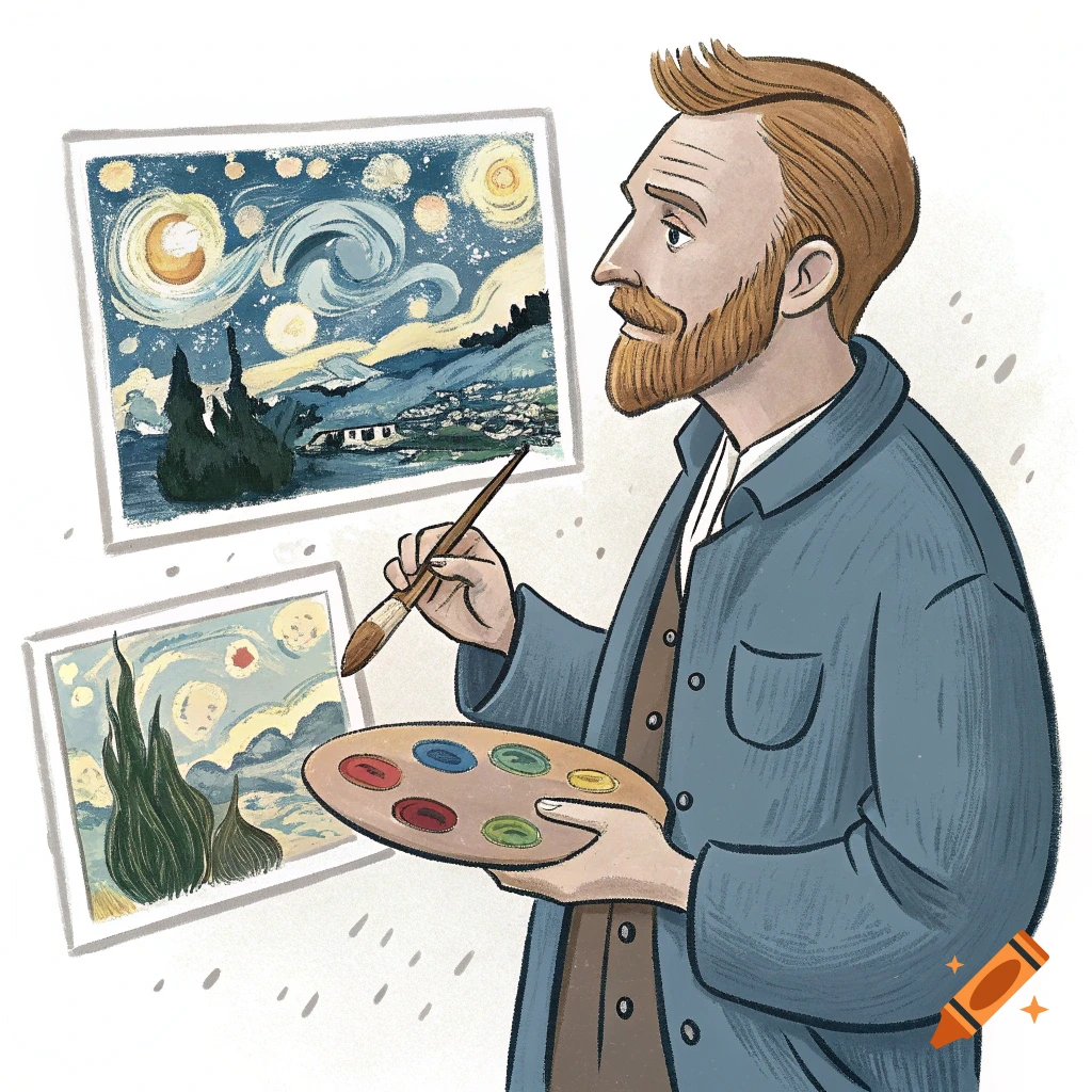 Illustration of Vincent van Gogh painting, looking at two Starry Night style pictures on the wall.