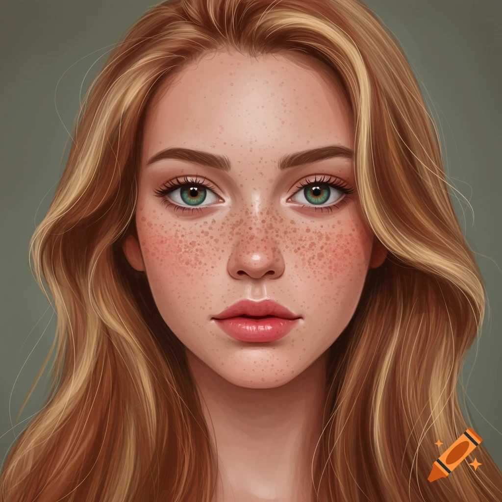 A portrait of a young woman with freckles, long hair, and green eyes.
