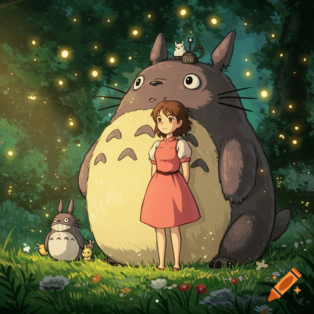 Studio Ghibli style illustration of Totoro, Satsuki, and smaller Totoros in a forest at night with glowing lights.