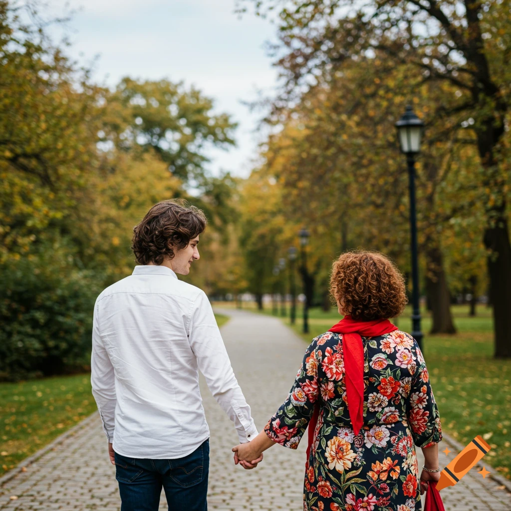 Two people holding hands walk down a park path in autumn