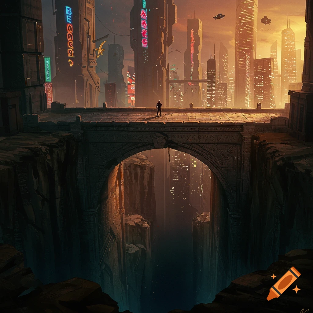 A figure on a stone bridge high above a chasm, looking at a futuristic city with neon signs.